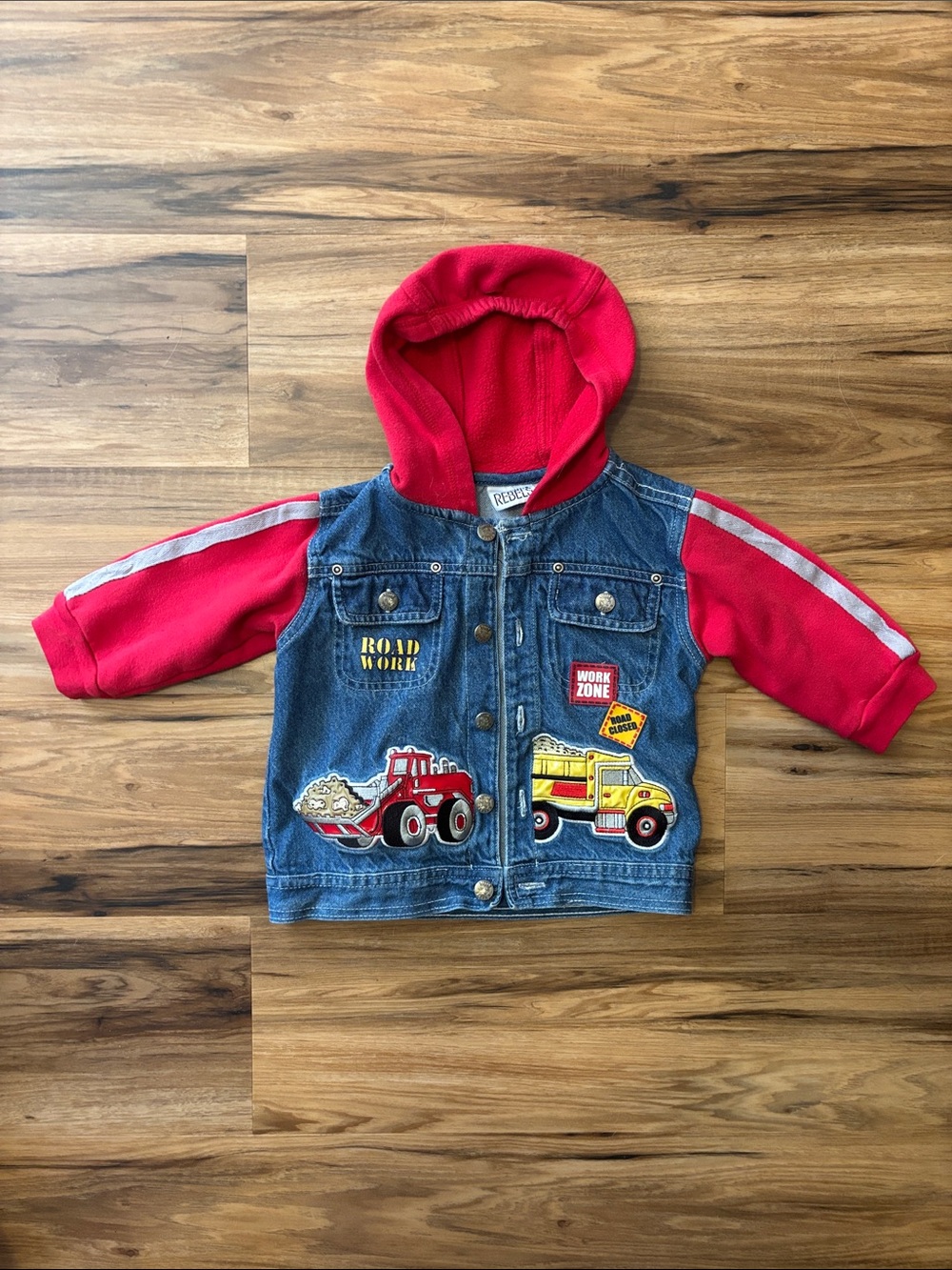 Denim Jacket with Red Hood & Sleeves, Truck Patches